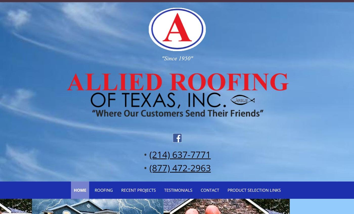 The existing Allied Roofing of Texas website: a dated layout with stacked banner images and small text
